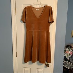 Madewell v-neck stretch velvet dress with flutter sleeves and flare skirt